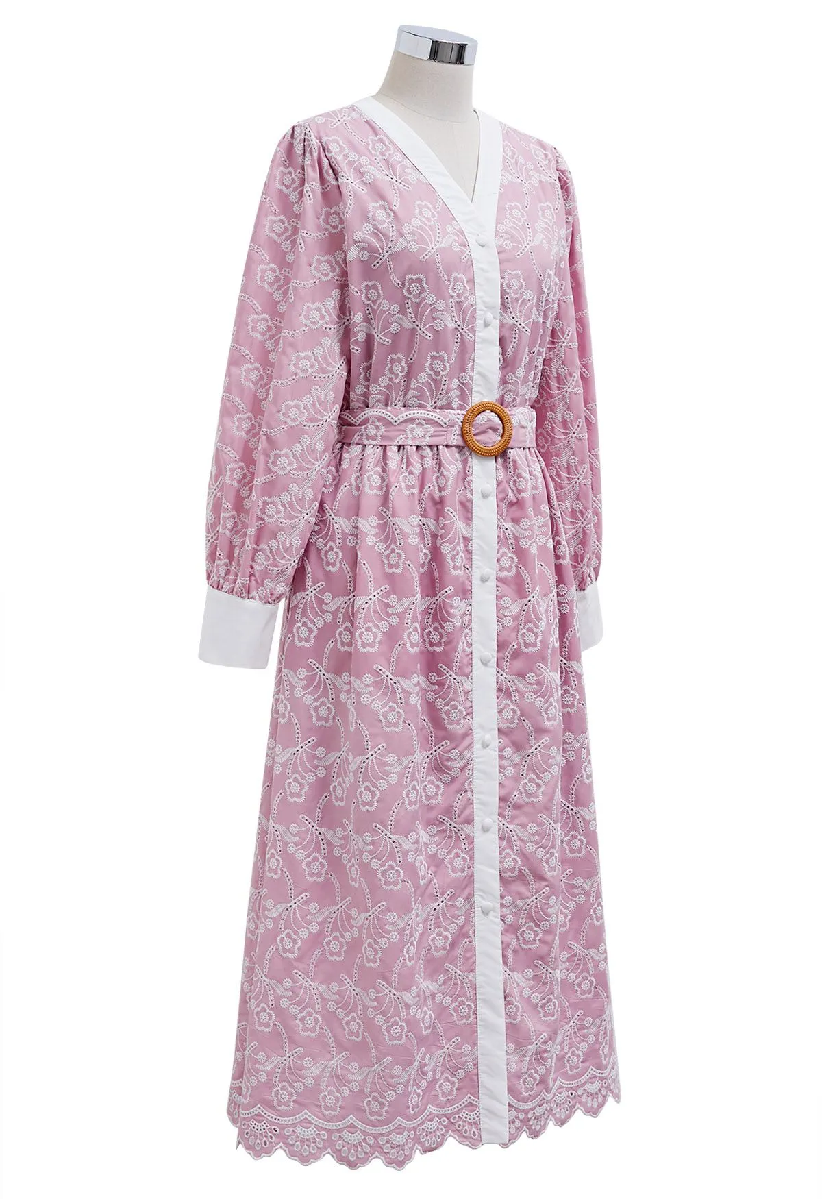 Robe boutonnée brodée Dancing Floret en rose