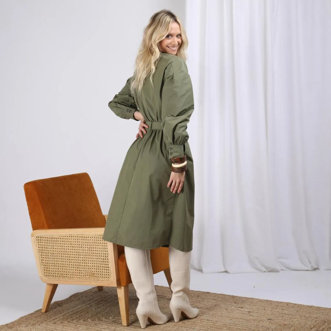 Robe manches longues ceinturée en popeline kaki Dali Réédition  | 3 Suisses