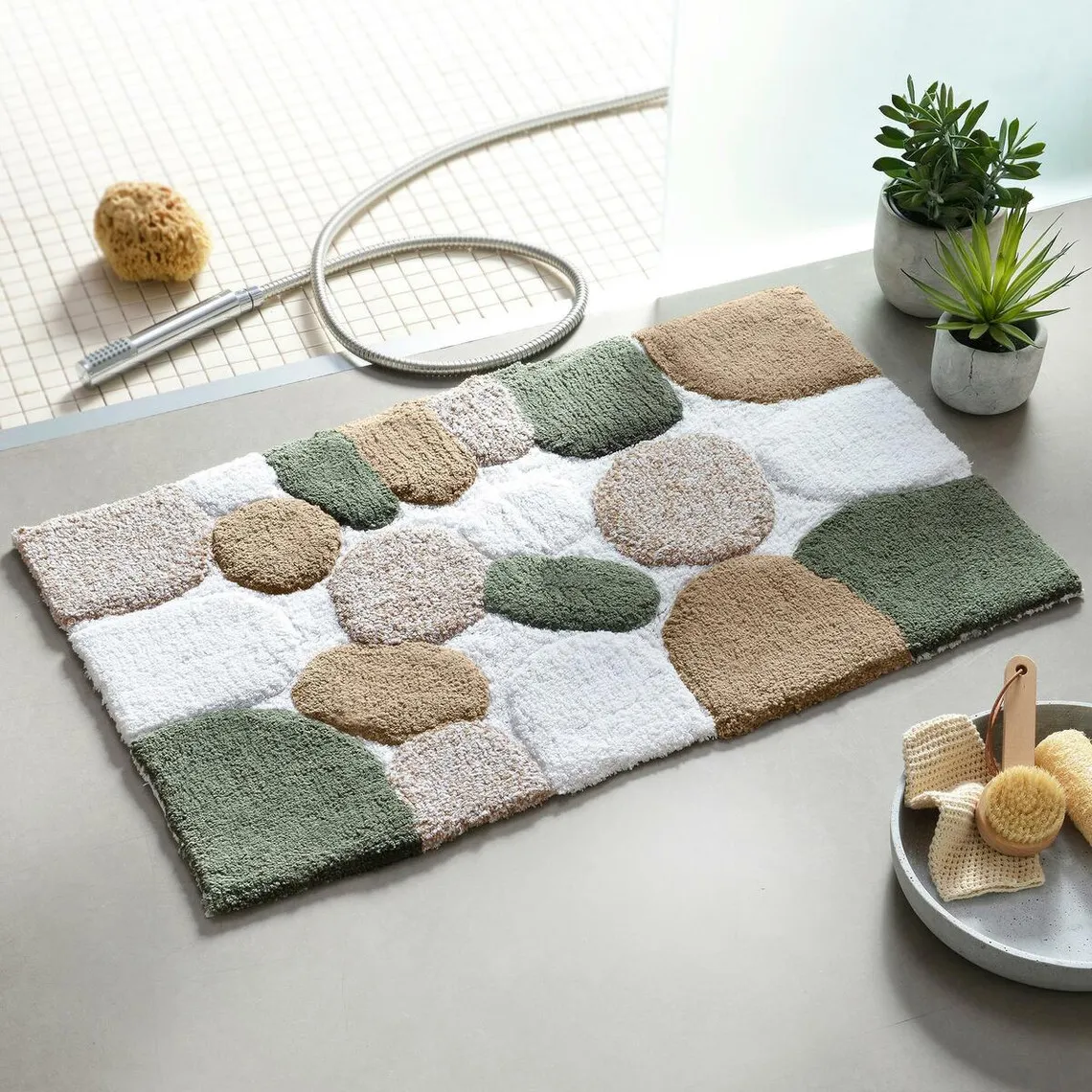 Tapis de bain CAILLOUX en coton vert kaki  | 3 Suisses