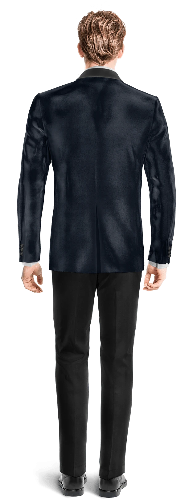 Veste smoking bleu marine en velours avec revers noir et pantalon noir